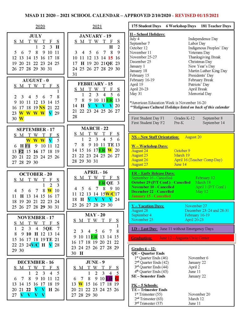 Updated School Calendar 1/15/2021
