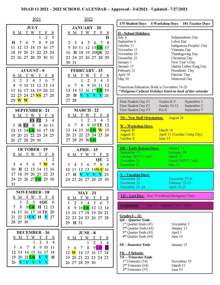 MSAD 11 2021 2022 School Calendar Updated 7/27/21 Pittston Randolph