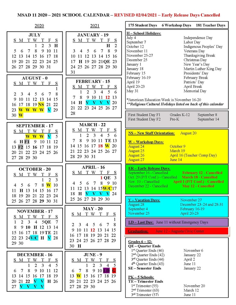MSAD 11 2020-2021 School Calendar REVISED 2/4/2021