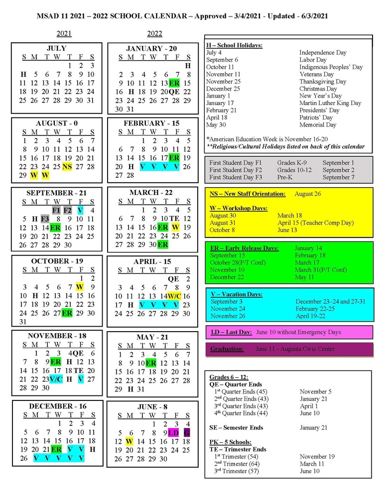 MSAD 11 20212022 School Calendar Approved March 4, 2021 MSAD 11