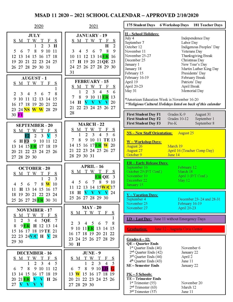 MSAD 11 2020-2021 School Calendar Approve 2/10/2020