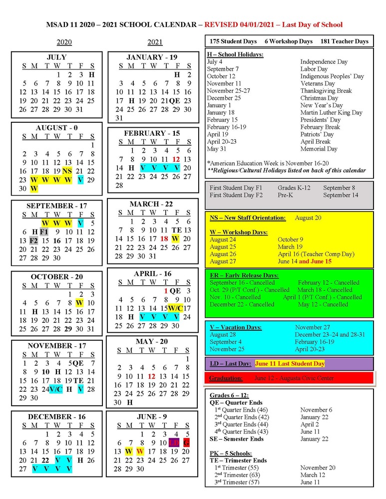 REVISED MSAD 11  2020-2021 School Calendar 