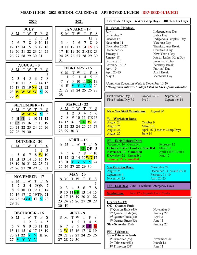 MSAD 11 Updated School Calendar 1/15/2021
