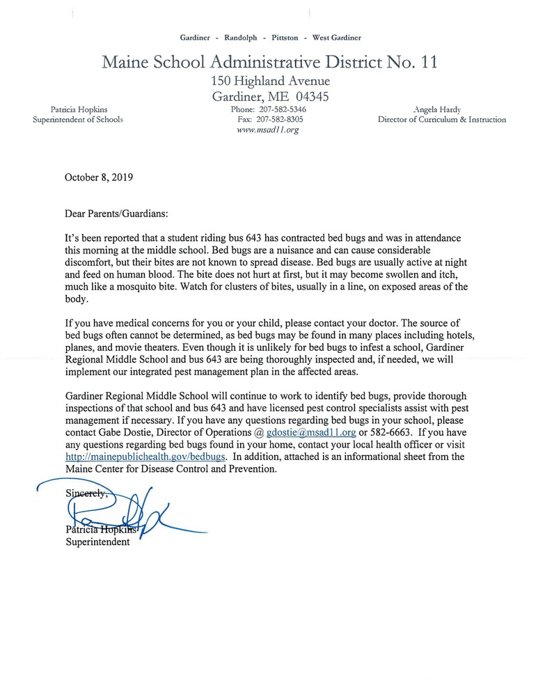 Superintendent's Letter to Parents/Guardians - Bed Bugs