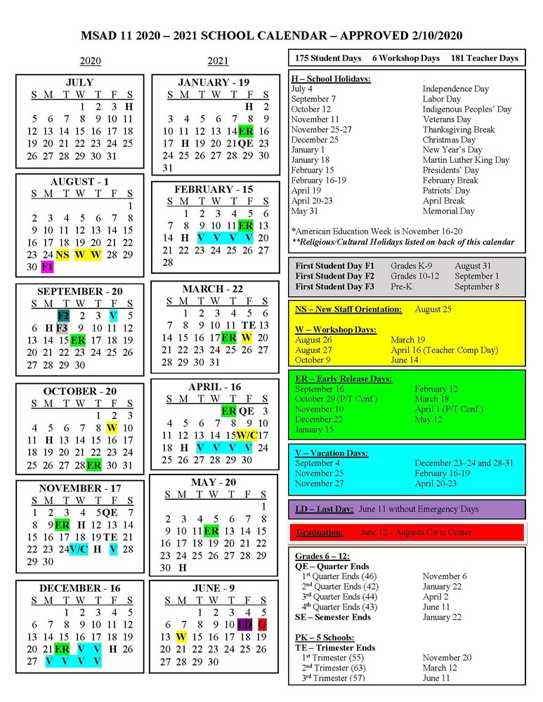 MSAD 11 20202021 School Calendar Approve 2/10/2020 MSAD 11