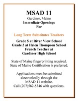 MSAD 11 Long Term Substitute Teacher Openings