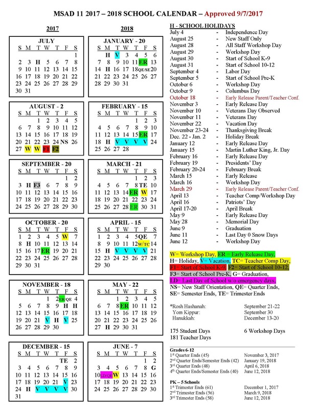 Revised MSAD11 School Calendar for 2017-2018