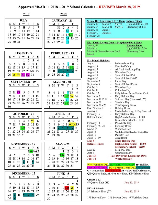 REVISED 2018/2019 MSAD 11 Calendar 3/28/2019 | MSAD 11 REVISED 2018/2019 MSAD 11 Calendar 3/28/2019 | MSAD 11